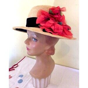 60s 70s Vintage Straw Hat with Large Red Flower